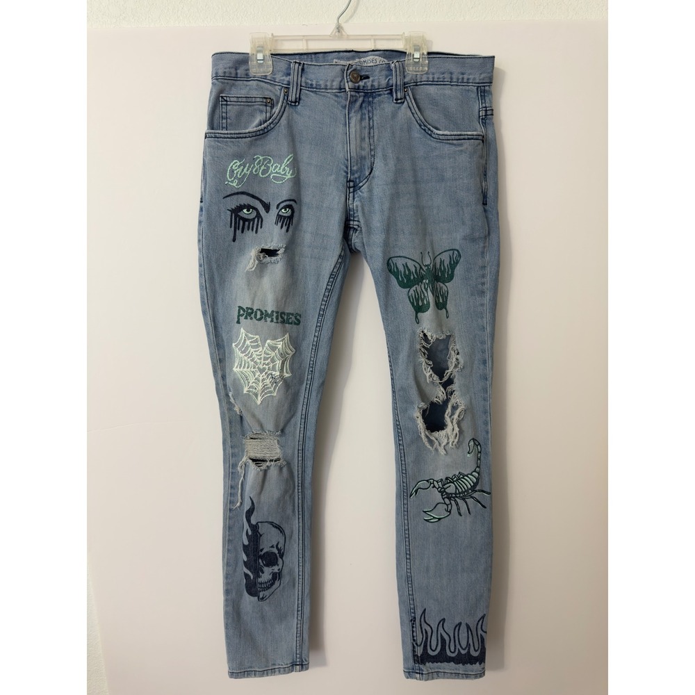 Broken Promises‎ Mens Graphic Distressed Slim Jeans 31x30 Streetwear Grunge Y2K